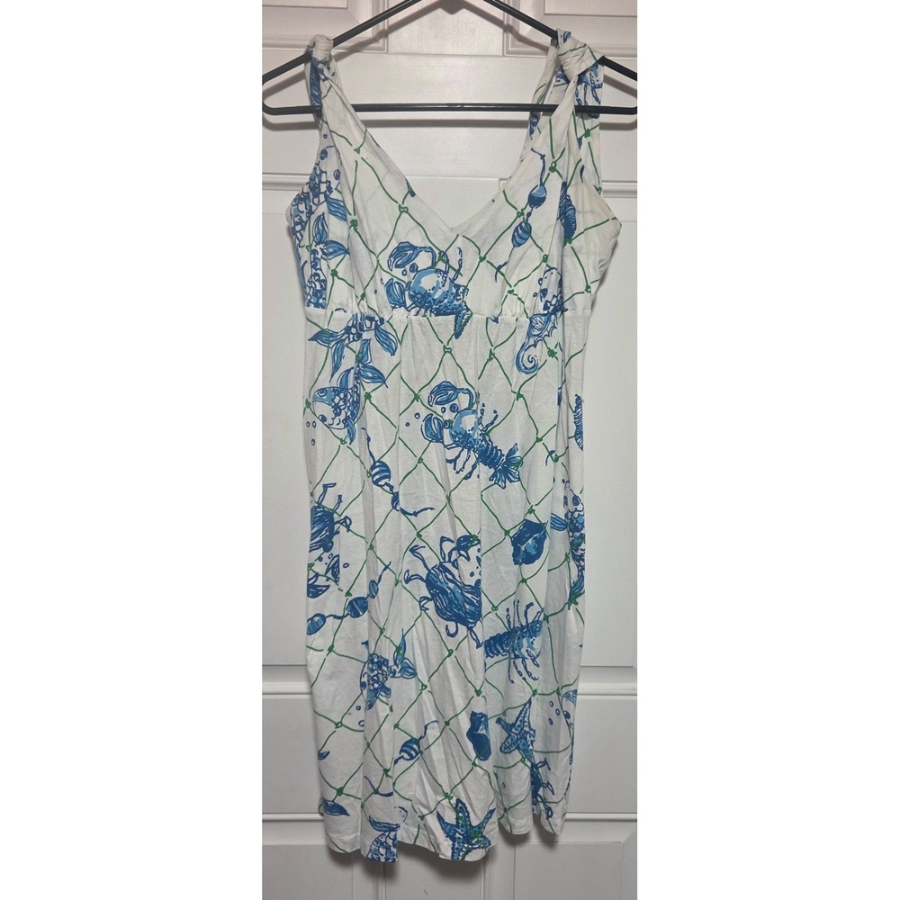 Lilly Pulitzer Lobster Crab Sea Life Print Cotton Knit V-Neck Dress Blue Green M